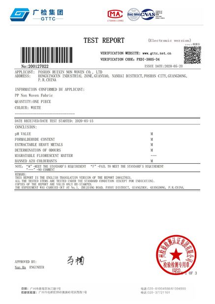 चीन Foshan Rayson Non Woven Co.,Ltd प्रमाणपत्र